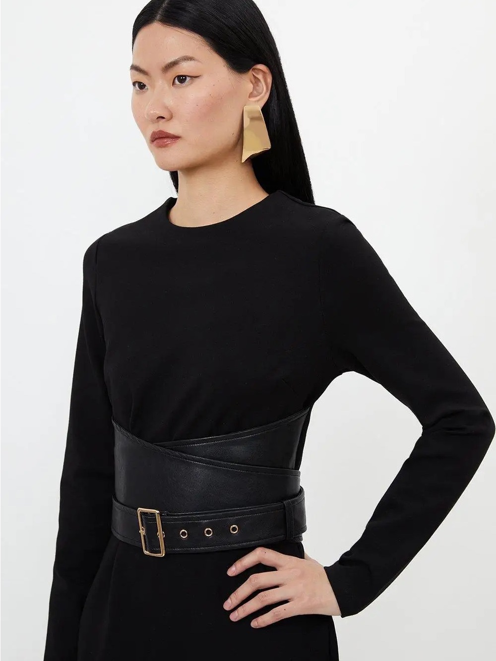 NWT Karen Millen Black Long-Sleeve Dress with Wrap Waist Belt